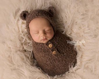 Knitted props for newborn and children by teddyshatsworld on Etsy Baby Wrap Newborn, Prop Photography, Swaddle Sack, Teddy Bear Theme, Knitted Teddy Bear, Hat Photo, Teddy Bear Clothes, Newborn Wrap, Brown Teddy Bear