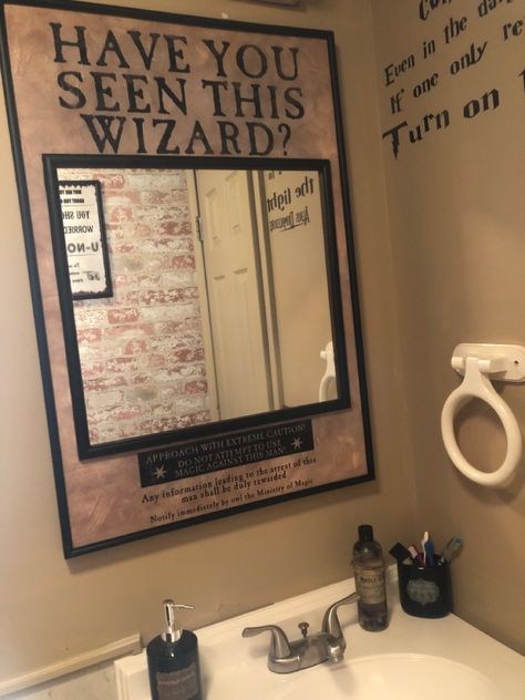 I’m so exciited about the mirror in our guest bathroom. I think it turned out great. Harry Potter Bathroom Sign, Harry Potter Themed Basement, Harry Potter Bathrooms, Harry Potter Half Bathroom, Mirror Of Erised Diy, Harry Potter Toilet Ideas, Ministry Of Magic Bathroom, Harry Potter Theme Bathroom, Harry Potter Mirror Diy