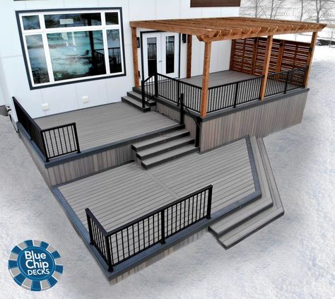 Decks deckideas TREX trexdecking pergola deckdesign Outdoor Raised Deck Ideas, Deck For Sloped Backyard, Deck Two Level, 12x16 Deck Ideas, Back Deck Steps Down To Patio, Three Level Deck, Multi Layer Deck Ideas, 3 Tier Deck, Trex Pergola Ideas