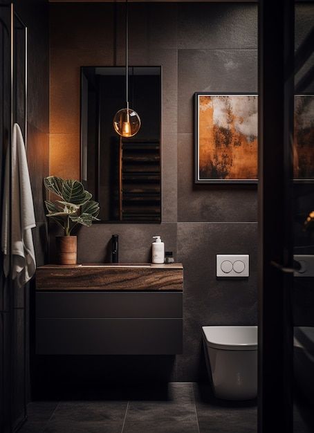 Glass Door Bathroom, Bathroom Gallery Wall, Dark Bathroom Ideas, Bathroom Glass Door, Girl Bathrooms, Bathroom Accent Wall, Dark Bathrooms, Dark Modern, Bathroom Artwork