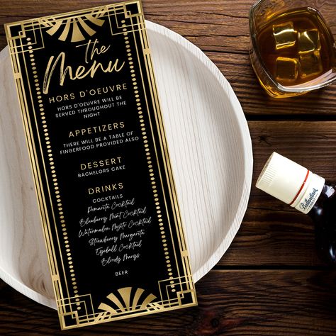 Speakeasy Menu, Party Menu Template, Black And Gold Art Deco, Bachelor Cake, Prohibition Party, Black And Gold Art, Bachelor Party Invitations, Roaring 1920s, Prohibition Era