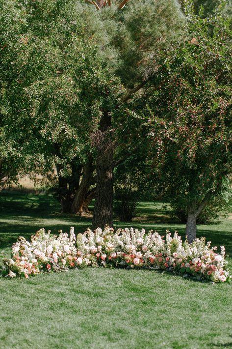 Half Moon Ceremony Flowers, Floral Hedge Wedding, Ceremony Ground Florals, Ground Arch Wedding, Ground Floral Arch, Grounded Floral Arches, Wedding Ceremony Circle, Floral Hedge, Cappuccino Rose