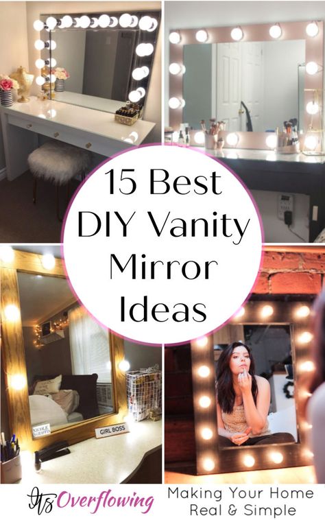 Cheap and Easy DIY Vanity Mirror Cheap Vanity Mirror With Lights, Diy Makeup Vanity Cheap Bedroom, How To Make A Vanity Mirror With Lights, Diy Vanity Mirror With Lights Cheap, Diy Mirror Lights, Make Up Mirror Ideas, Cheap Mirror Ideas, Diy Makeup Vanity Cheap, Diy Makeup Mirror With Lights