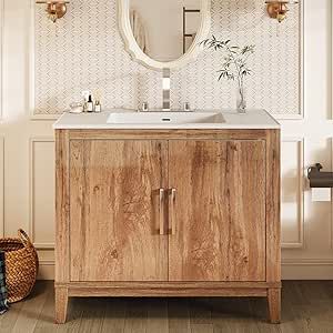 LUXOAK 39” Bathroom Vanity with Sink Combo, Single Sink Bathroom Vanity with High Gloss Wood Grain, Farmhouse Bathroom Vanity with Storage, Yellow Oak Bathroom Vanity With Storage, Vanity With Storage, Cabinet Legs, Bathroom Sanctuary, Functional Bathroom, Farmhouse Bathroom Vanity, Bathroom Vanity With Sink, Vanity With Sink, Light Colored Wood