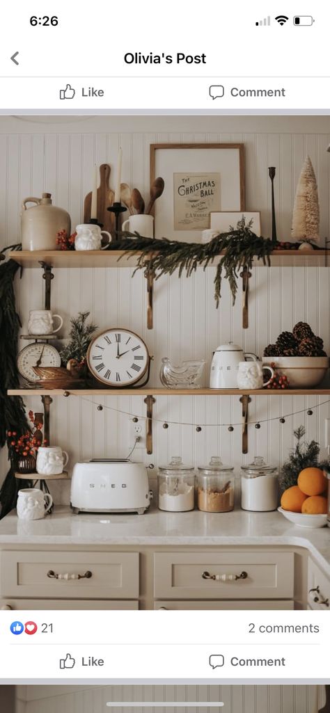 Christmas Kitchen Shelf Decor, Styling Kitchen Shelves, Shelf Decor Christmas, Christmas Shelves, Santa Display, Christmas Bookshelf, Kitchen Built Ins, Kitchen Shelf Styling, Apartment Ideas Kitchen