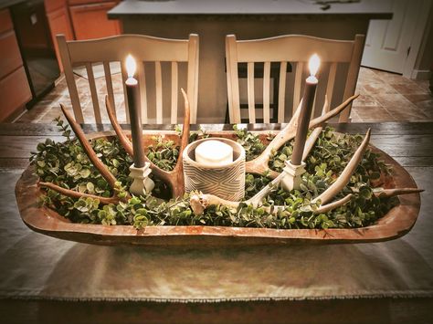 Diy With Deer Antlers, Fall Antler Decor, Dough Bowl With Deer Antlers, Deer Antler Table Centerpieces, Diy With Antlers, Hunting Camp Ideas Cabin Living Room, Dough Bowl Centerpiece Farmhouse Ideas, Christmas Decorations With Antlers, Decorate With Deer Antlers