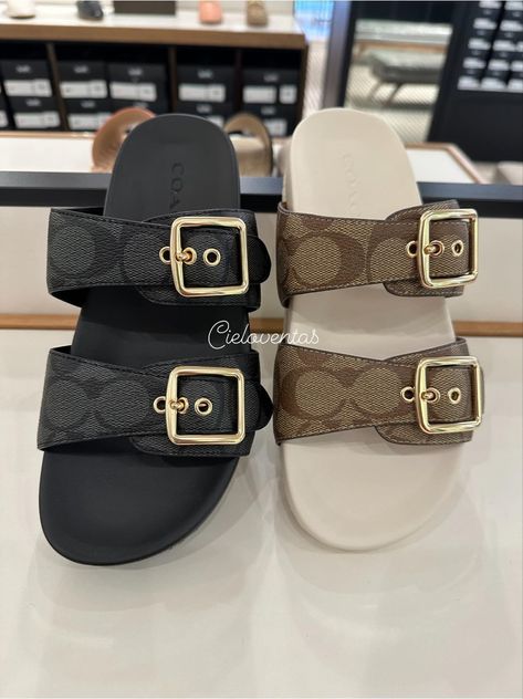 Coach Sandals Outfit, Coach Slides, Classy Sandals, Fancy Sandals, Coach Sandals, Pretty Sneakers, Cute Slides, Pretty Sandals, Trendy Shoes Sneakers