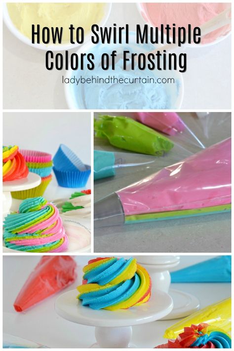 How to Swirl Multiple Colors of Frosting Rainbow Cupcakes Frosting, Cupcake Frosting Tips, Rainbow Icing, Rainbow Frosting, Piping Frosting, Swirl Cupcakes, Store Bought Frosting, Frosting Colors, Frosting Techniques