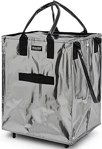 HULKEN - (Large, Silver) Reusable Grocery Bag On Wheels, Shopping Trolley, Rolling Tote, Zipper Closure, Lightweight, Carries Up to 66 lb, Folds Flat, Unbreakable Handles Bag On Wheels, Rolling Tote Bag, Rolling Tote, Foldable Bag, Shopping Trolley, Multipurpose Bag, Supply List, Reusable Grocery Bags, Shopping Tote Bag