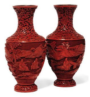 A PAIR OF CHINESE CINNABAR LACQUER VASES  CIRCA 1900. Each carved to the body with scholars and attendants amongst a mountainous landscape, the neck with lotus scrolls Mountainous Landscape, Chinese Pottery, Chinese Vase, Eastern Art, Red Lacquer, Chinese Ceramics, Korean Art, China Patterns, Asian Antiques