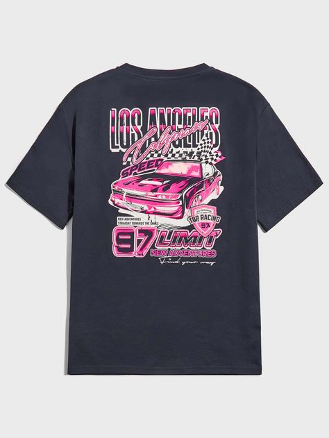 Men Car & Letter Graphic Tee Navy Blue Casual  Short Sleeve Knitted Fabric Car,Letter  Slight Stretch Summer Men Clothing, size features are:Bust: ,Length: ,Sleeve Length: Car Letter, Los Angeles Shirt, Street Life, Mesh T Shirt, Christmas 2024, Car Guys, Inspiration Mode, Men Clothing, Mens Summer