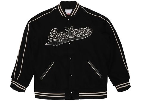 Supreme Outfits Men, Raven Outfits, Varsity Jacket Black, Varsity Jacket Outfit, Supreme Streetwear, Harry Styles Outfit, Varsity Jacket Women, Supreme Logo, Jacket Store