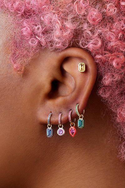 Pink Earring Stack, Jewel Tone Jewelry, Dainty Jewelry Earrings, Colorful Piercings, Opal Body Jewelry, Medusa Piercing Jewelry, Surface Piercing, Multiple Piercings, Stacked Earrings