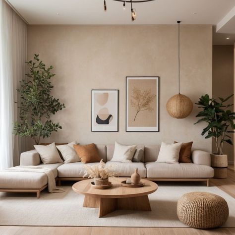 Japan Style Living Room, Japandi Living Room Apartment, Minimal Home Decor Living Room, Dark Beige Couch Living Room, Tropical Modern Living Room, Japandi Living Room Ideas, Modern Boho Living Room Inspiration, Japandi Living Room Small, Japandi Small Living Room