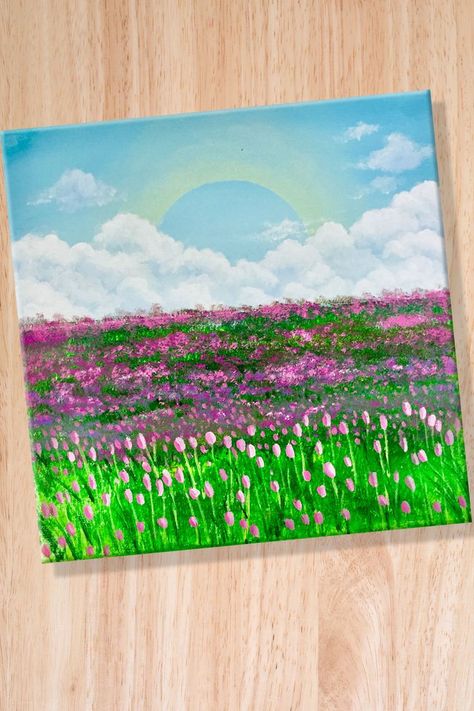 Cute and fun colorful painting idea with acrylic. Tulip field with fluffy cloud scenery Tulip Field Painting, Cloud Scenery, Tutorial Acrylic Painting, Sunset Painting Easy, Painting Tutorial Acrylic, Flower Field Painting, Field Paint, Tulip Field, Paint Easy