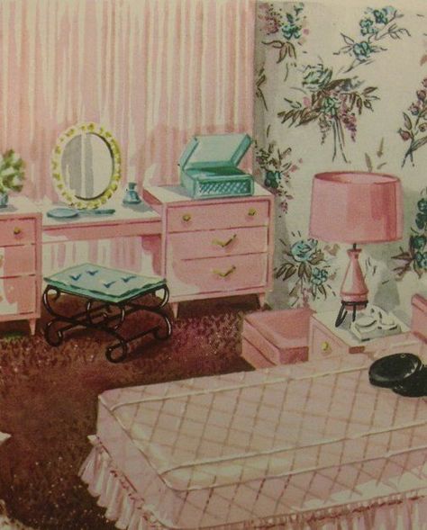 Pink bedroom: 50s Bedroom, Pink Furniture, Retro Bedrooms, Living Vintage, Retro Renovation, Shabby Chic Living Room, Casa Vintage, Vintage Bedroom, Vintage Living Room