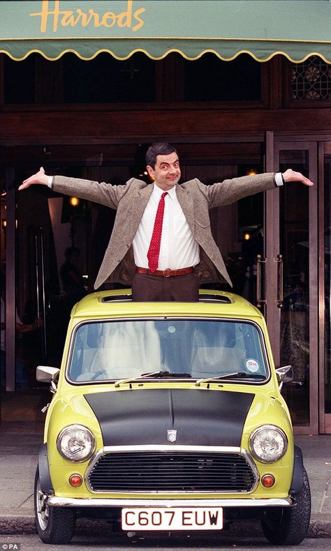 Way back when: Mr Bean, pictured here in 1996, got into many sticky situations behind the wheel of his iconic 1976 British Leyland Mini 1000 Mr Bean Cartoon, Mr Bean Funny, Mini Morris, Rowan Atkinson, Mini Cooper Classic, Tv Cars, Mini Coopers, Mr Bean, British Comedy