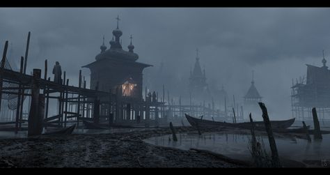 ArtStation - Fishing village , Milo te Lintelo Gothic Artwork, Sunken City, Fishing Dock, My Fantasy World, Fantasy City, Matte Painting, Environmental Design, Fishing Villages, Environment Concept Art