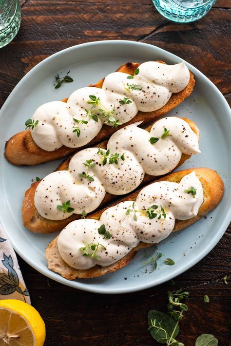 Shrimp Ricotta Recipes, Creative Toast Ideas, Ricotta Lunch Recipes, Whipped Ricotta Crostini, Hosting Dinner Recipes, Toast Spreads, Ricotta Toast Recipes, Whipped Ricotta Toast, Ricotta Spread