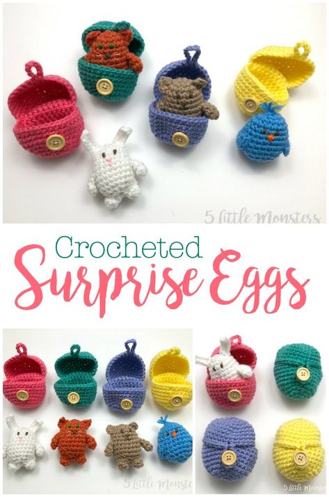 Kids love seeing what is hidden inside a blind bag or surprise egg and now you can crochet your own. The mini stuffed animals are made with the same basic pattern and each fits inside a crocheted egg that buttons closed. Great for little gifts or stocking stuffers. Amigurumi Baba, Kat Haken, Chat Crochet, Amigurumi Minta, Confection Au Crochet, Easter Crochet Patterns, Pola Amigurumi, Surprise Egg, Blind Bag