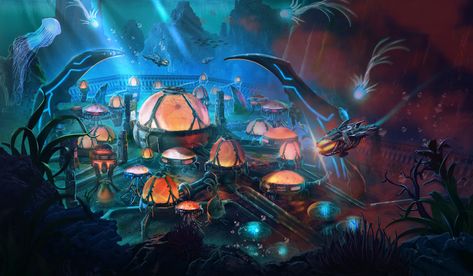 ArtStation - Underwater alien city, Ilija Mandic Underwater Alien Concept, Fantasy Underwater City Concept Art, Alien Beach Concept Art, Alien City Art, Underwater Steampunk City, Alien City Landscapes, Alien City Concept Art, Deep Sea City, Underwater City Concept Art