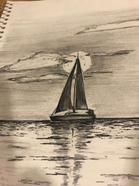 Ocean Pencil Sketches, Sailboat Pencil Drawings, Ocean Sketch Pencil, Sea Sketch Ocean, Things To Draw Landscape, Boat On Water Drawing, Sea Sketch Pencil, Ocean Drawing Pencil, Drawing Sailboats