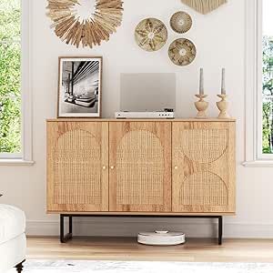 Rattan Entryway, California Coastal Interior Design, Boho Cabinet, Rattan Buffet, Credenza Cabinet, Credenza Tv Stand, Credenza Tv, Rattan Door, Rattan Doors