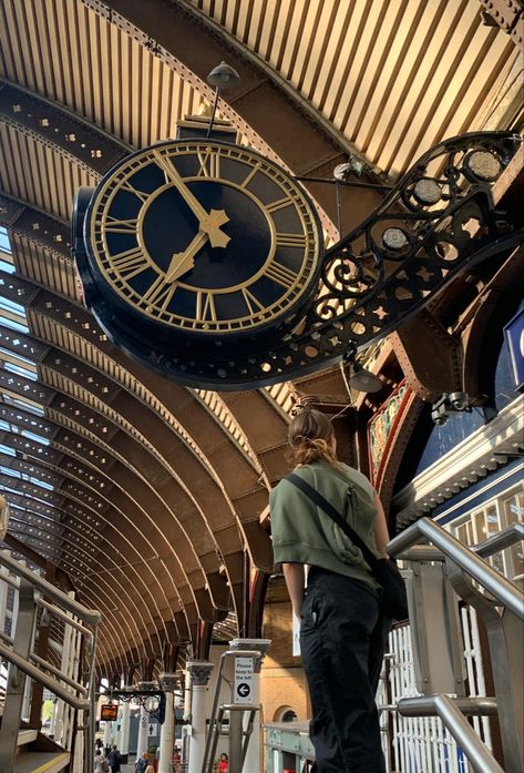 Candid | uk | york | train station | clock | aesthetic | outfit Train Stations Aesthetic, Space Train Aesthetic, Old Train Station Aesthetic, Old Train Aesthetic, Train Conductor Outfit, Trainstation Aesthetic, 1940 Aesthetic, Hadestown Aesthetic, Train Travel Aesthetic