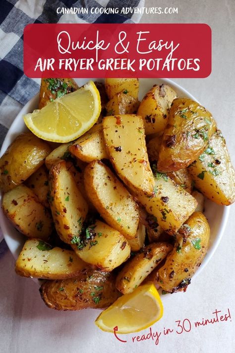 Quick and easy Air Fryer Greek Potatoes with lemon Lemon Potatoes Air Fryer, Easy Greek Potatoes Recipe, Greek Potatoes Recipe Air Fryer, Greek Potatoes Air Fryer, Air Fryer Potatoes Recipes, Greek Potatoes Recipe, Airfryer Food, Greek Roasted Potatoes, Air Fryer Potatoes