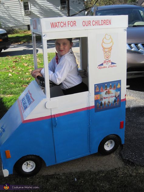 Ice-Cream Truck - Halloween Costume Contest via @costume_works Ice Cream Truck Costume, Ice Cream Man Costume, Diy Ice Cream Truck, Wagon Halloween Costumes, Mr Softee, Truck Costume, Wheelchair Costumes, Mister Softee, Funny Halloween Decorations