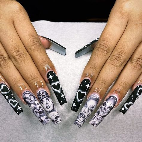 Chicano Nails Designs, Simple Baddie Nail Ideas, Chicana Nails Acrylic, Chola Nails Designs, Gangster Nails Designs, Chola Nails Acrylic, Cholo Nails, Gangsta Nails, Chicano Nails