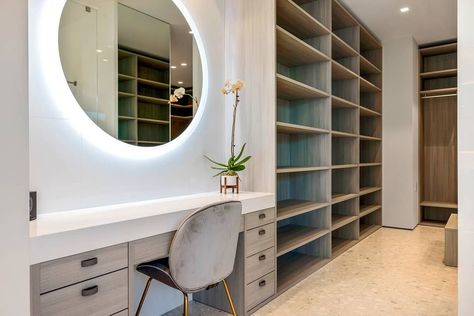 Walk In Wardrobe Dresser, Large Walk In Closet With Vanity, Walk In Wardrobe With Vanity, Walk In Closet With Dresser, Walk In Closet With Vanity, Closet With Vanity, Makeup Closet, Custom Wardrobe, Built In Vanity