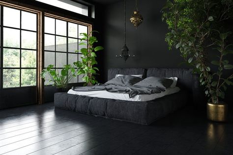 BREAK THE TABOO! Should You Paint Your House With Black? Calm Architecture, Architecture Bedroom, Meditation Place, Dark Interior Design, Black Bedroom Design, Black Bedroom Decor, Big Bed, Paint Your House, Dark Bedroom