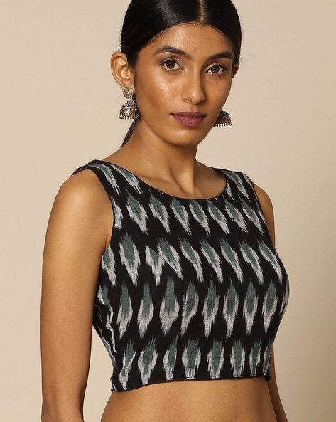 Buy Indie Picks Women Black Ikat Cotton Sleeveless Blouse | AJIO Black Blouses For Women, Cotton Sleeveless Blouse, Black Blouses, Sleeveless Blouse Designs, Fashionable Saree, Saree Blouse Styles, Boat Neck Blouse Design, Blouse Ideas, Fashionable Saree Blouse Designs