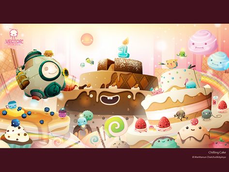 some time i want to go to cake land and eat them all. Kawaii, Cake Land, Sweet Factory, Hug Illustration, Rabbit Cake, Candy House, Cake Games, Candy Theme, Big Cakes