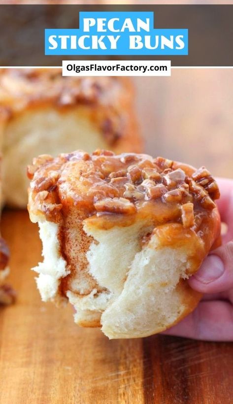 These Pecan Sticky Buns are so tender, they melt in your mouth, have a sweet cinnamon filling and a gooey, caramel glaze with crunchy pecans. They are wonderful with a glass of cold milk or a warm mug of coffee. Caramel Sticky Buns, Cinnamon Sticky Buns, Cinnamon Filling, Sticky Buns Recipes, Pecan Sticky Buns, Russian Cakes, Glazed Pecans, Mug Of Coffee, Gooey Caramel