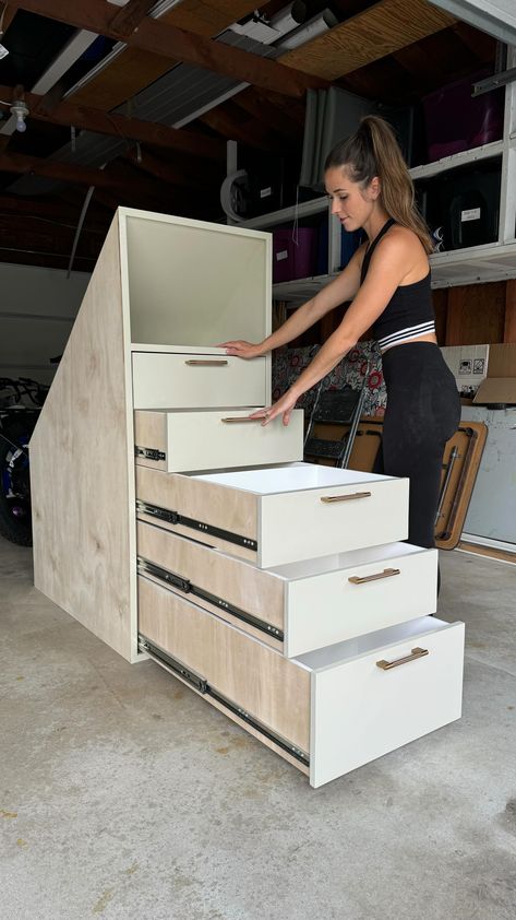 Melissa Woods - DIY & Design | This is the way I make super strong drawers! The assembly order reduces a lot of the headache and mistakes I’ve made in the past. If you… | Instagram Attic Box Storage, Attic Storage Cabinets, Under Stairs Pull Out Drawers, Storage For Sloped Ceilings, Under Stairs Sliding Storage, Dormer Built In Drawers, Slanted Ceiling Drawers, Under Roof Storage, Hidden Ceiling Storage