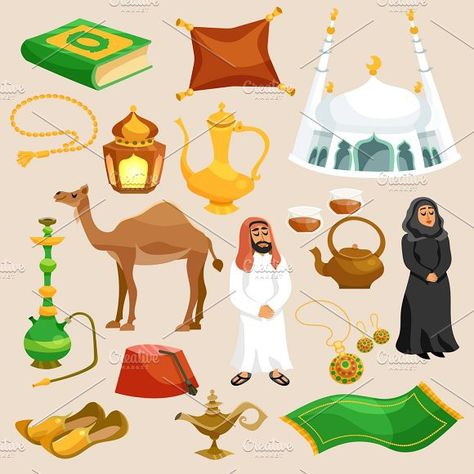 Arabic culture cartoon icons set. Religion #hookah #camel Arabic Culture Art, Arab Illustration, Uae Art, Culture Drawing, Arabic Culture, Eastern Culture, Ramadan Lantern, Arab Culture, Flat Icons Set