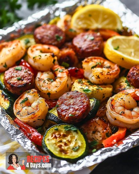 Shrimp, Zucchini and Spicy Italian Sausage Foil Pack Shrimp Sausage Zucchini Recipes, Shrimp And Sausage Foil Packets Oven, Smoked Sausage And Shrimp Recipes, Shrimp And Smoked Sausage Recipes, Shrimp And Zucchini Recipes, Shrimp And Sausage Recipes, Sausage And Shrimp Recipes, Shrimp Zucchini Recipes, Zucchini Sausage