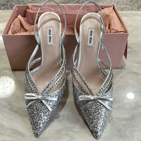 Metallic Glitter Kitten Heel Pumps. Silver And Shiny Brand New In The Box. Silver Sequin Low Heel. Prada Shoes Heels, Pointy Pumps, Jeweled Heels, Leather Jewels, Rope Sandals, Black Peep Toe Heels, Embellished Heels, Gold Pumps, Miu Miu Shoes