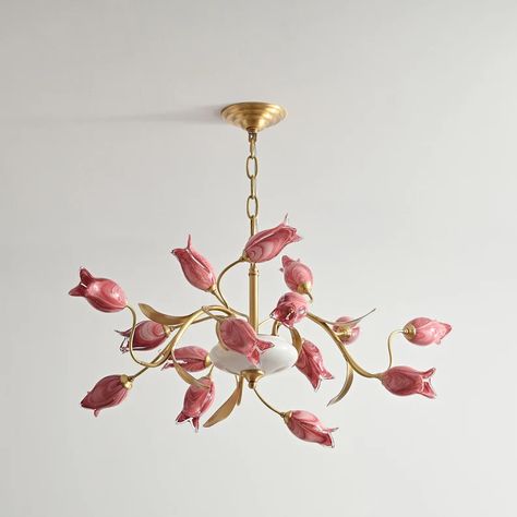 Tulip Pendant Light, Pink Flower Lamp, Pink And Gold Room Decor, Eclectic Chandelier, Art Nouveau Kitchen, Tulip Chandelier, Art Nouveau Lamp, Yellow Kitchen Cabinets, Modern Brass Chandelier