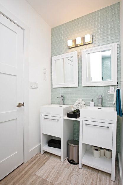 Three Sink Bathroom, Small Bathrooms With Double Sinks, 2 Single Vanity Bathroom Ideas, 2 Single Vanities In Bathroom, Double Sink Small Bathroom, Dual Vanity Bathroom Ideas, Small Double Vanity, Double Sinks, Small Sink