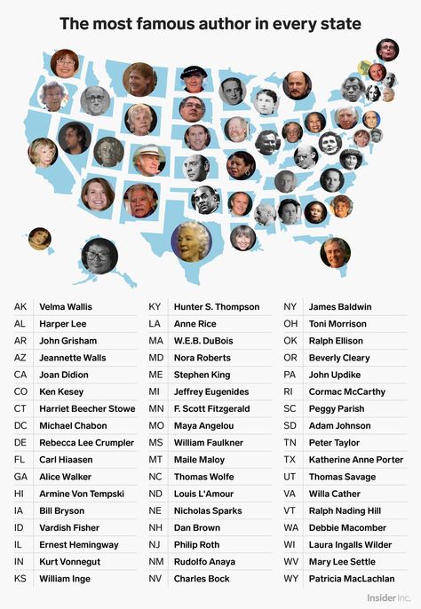 Most famous author from every state - Business Insider Jeannette Walls, Language Map, Interesting Maps, Ralph Ellison, Joan Didion, Famous Writers, Filmmaking Cinematography, Beverly Cleary, Book Tracker