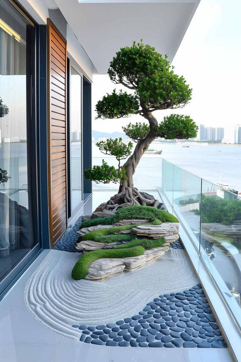 30 Elegant Balcony Garden Designs with Minimalist Appeal Balcony Landscape Ideas, Balcony Ideas With Plants, Outdoor Landscape Design Ideas, Japan Balcony, Japanese Balcony Garden, Japandi Balcony, Modern Minimalist Garden, Japanese Balcony, Elegant Balcony