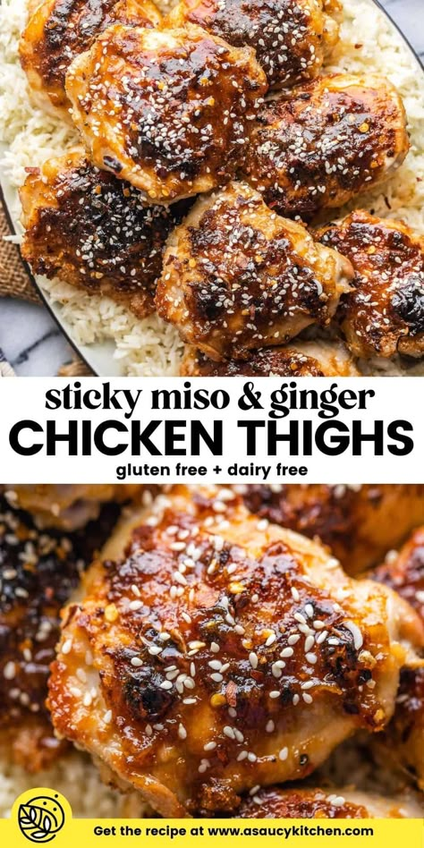 Looking for another easy weeknight meal to perk up your plate? Try these baked, ginger Miso Chicken Thighs: Juicy chicken coated in a sweet and sticky umami packed glaze! Gluten Free + Dairy Free Ginger Miso Chicken, Sticky Ginger Chicken, Miso Glazed Chicken, Miso Chicken Thighs, Miso Chicken, Ginger Miso, Ginger Chicken, Easy Chicken Dinner Recipes, Honey Chicken