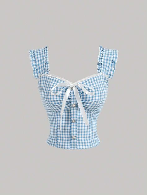 SHEIN MOD Summer Bowknot Design Blue Plaid Pleated Lace Hem Ruffle Trimmed Sleeveless ShirtI discovered amazing products on SHEIN.com, come check them out! Cottage Core Clothes, Gingham Outfit, Cottagecore Jewelry, Light Blue Plaid, Mlp Oc, Check Tops, Oc Inspo, Gingham Tops, Fabric Inspiration