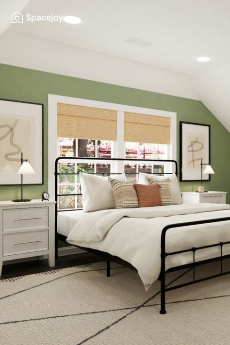 Light Green Bedroom With Dark Furniture, Forest Green Accent Wall, Feminine Industrial, Redecorating Bedroom, Nightstand Chest, Rock Bedroom, Light Green Bedrooms, Green Accent Wall, Sage Bedroom