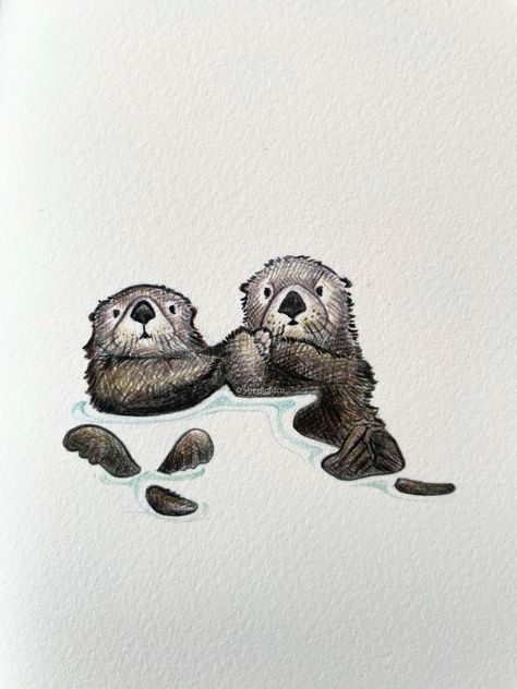 "Set of 4 fine art cards for framing after gifting. Artwork features subtle neutral colour hues. FOUR separate adorable Sea Otter illustrations on front with blank inside complete with craft paper envelopes for gifting.  Dimensions 5.5 x 4.25\" Perfect for any occasion, this fine art keepsake features a small archival quality fine art print on the front that can be framed and kept for decades as a cherished memento. Printed on archival quality 100% cotton rag museum quality professional paper, t Otter Drawing Colored Pencil, Cute Otter Painting, Sea Otter Watercolor, Sea Otters Drawing, Sea Otters Tattoo, Otter Gift Ideas, Sea Otter Drawing Easy, Otter Painting Easy, How To Draw An Otter