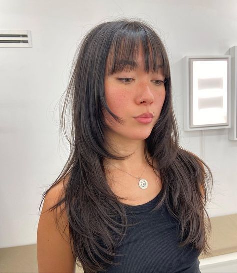 Long wolf layer cut by me. . Thank you @kirasunart #longwolfcut #longshag #longshaghaircut #wolfcut #wolfhaircut | Instagram Wolf Cut Bangs, Black Hair With Brown Highlights, Wolf Cut Hairstyles, Wolf Cuts, Long Wolf Cut, Shaggy Long Hair, Layer Cut, Wolfcut Hair Long, Layered Haircuts With Bangs