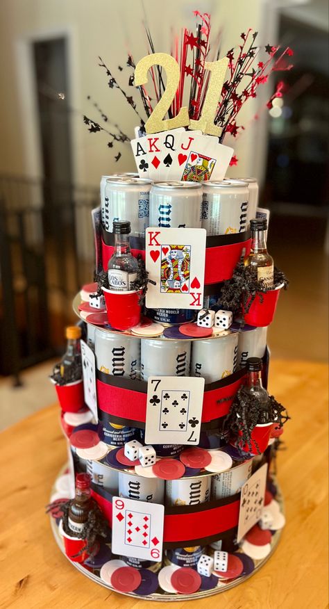 21st Birthday Gifts Men, 21st Birthday Liquor Cake, Poker Birthday Party Ideas For Men, Beer Can Birthday Cakes For Men, Alcohol Cake Tower For Guys, Casino 21st Birthday Cake, 21 Birthday Party Themes For Guys, 21 Birthday Party Decorations For Guys, 21st Birthday Table Decorations For Guys